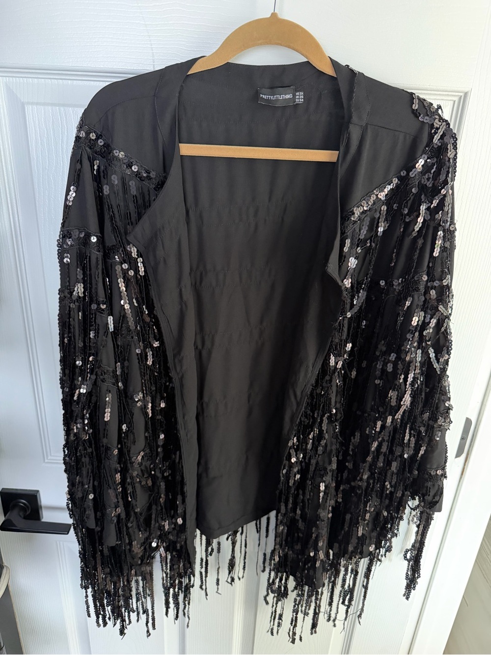 PrettyLittleThing Black Sequin Fringe Open Jacket